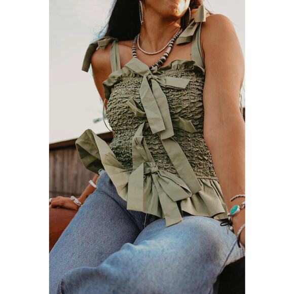 Ulla Johnson Green Smocked Cotton Peplum Top with Bows Size 4 Small - Picture 2 of 9